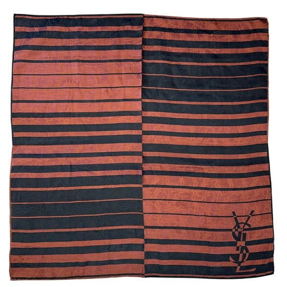 YVES SAINT LAURENT Scarf Muffler Striped Brown Silk Cotton Women's Mikunigaok...